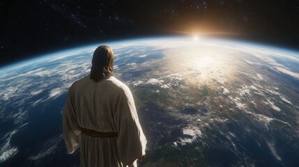 Jesus as the redeemer watching over the earth from space, created with Generative AI technology