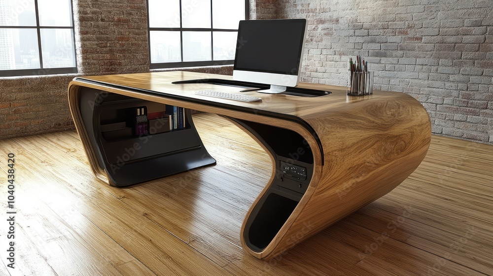 Poster Modern Wooden Desk with Built-in Storage and Computer