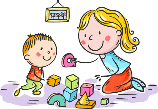Mother and son playing with building blocks at home. Happy cartoon family activity clipart. Parenting, motherhood concept. Parent actively spends time with child