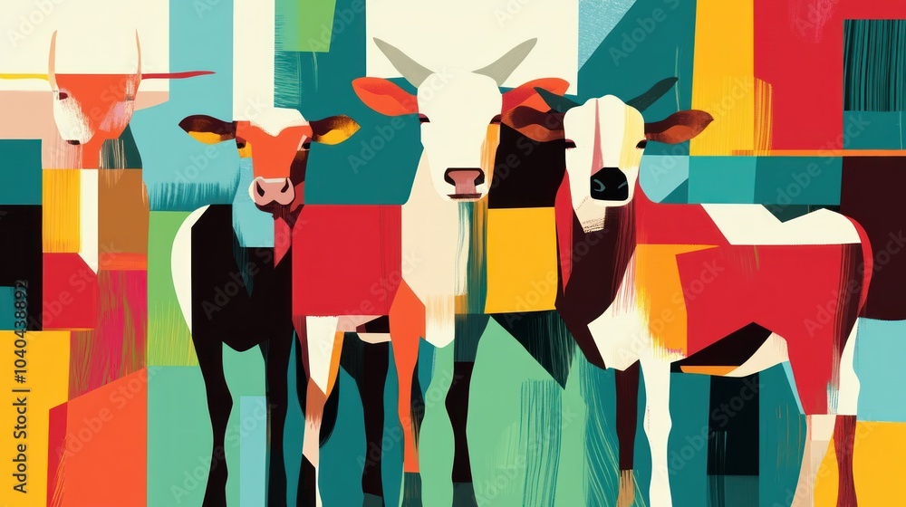 Poster abstract geometric composition featuring four cows in a colorful landscape