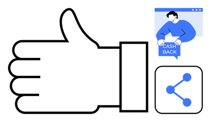 Obraz premium Large thumb up symbol, man holding cash back sign, and sharing icon. Ideal for digital marketing, social media engagement, online promotions, customer satisfaction, and financial rewards. Simple
