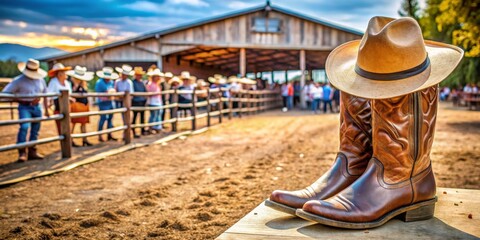 Cowboy Boots and Hat on a Rustic Wooden Bench, Rustic , Country, Western , cowboy boots