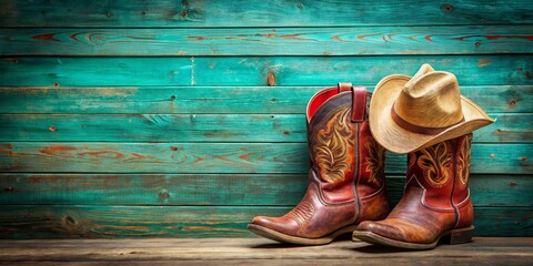 Cowboy Boots and Hat Against Rustic Turquoise Wood, Western, Cowboy, Country