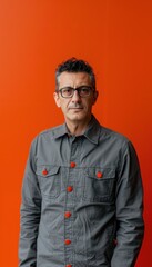 Fototapeta premium Confident Professional Man in Grey Jacket Against Vibrant Orange Background for Modern Design