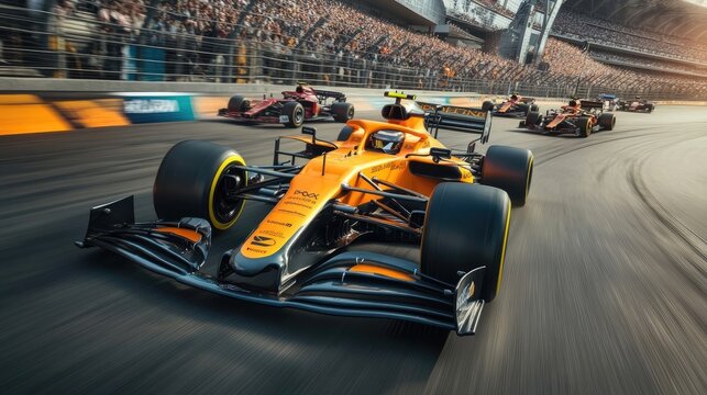 Point-of-View of an Orange Formula One Car on Track with Motion Blur and Spectators
