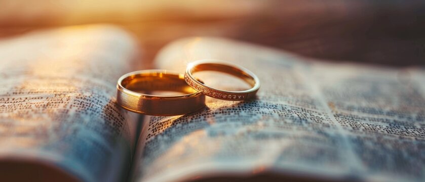 Two golden wedding rings resting on the open pages of a Holy Bible, symbolizing Christian marriage