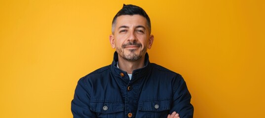 Obraz premium Friendly Man with Trimmed Beard in Navy Jacket Against Vivid Yellow Background for Design