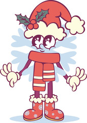 Snowflake in santa hat groovy retro cartoon mascot character