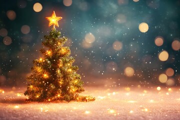 Naklejka premium Christmas tree and Christmas lights with a glowing star