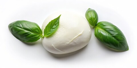Obraz premium Fresh Mozzarella with Basil Leaves, White Background, Italian Cheese, Dairy Product, Culinary Delight, mozzarella, basil