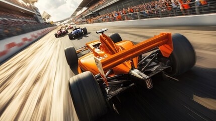 Obraz premium Point-of-View of an Orange Formula One Car on Track with Motion Blur and Spectators