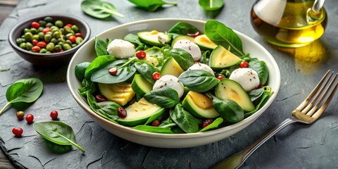 Fototapeta premium Fresh Green Salad with Mozzarella and Avocado, White Bowl, Stone Background, Food Photography, Salad Recipe, Healthy Eating, Green