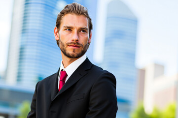Fototapeta premium Businessman looking to the future of business in front of city skyline