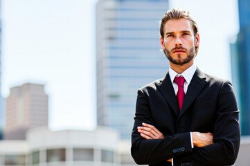 Fototapeta premium Businessman standing with arms crossed in front of city skyline
