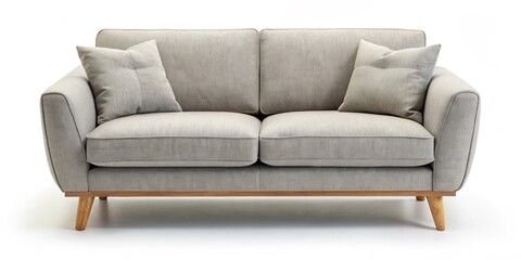 Fototapeta premium Front View of a Grey Two-Seater Sofa with Wooden Legs, Cushions, Modern Furniture, Living Room, Interior Design. Sofa, living room, home decor