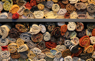 many rolls of various colored cotton yarn for sale on the shelf of a haberdashery specializing in supplies for hobbyists