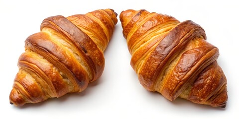 Fototapeta premium Golden Croissants Two Freshly Baked Croissants, White Background, Delicious Pastry, breakfast, bakery, food