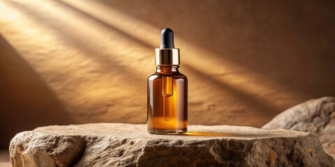 Fototapeta premium Golden Dropper Bottle on Rock with Sunlight, product photography, dropper bottle, skincare, beauty product,