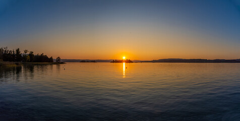 Sunset over the Lutzelau and Ufenau islands, Lower Zurich Lake (Untersee) between Rapperswil and Freienbach, Switzerland