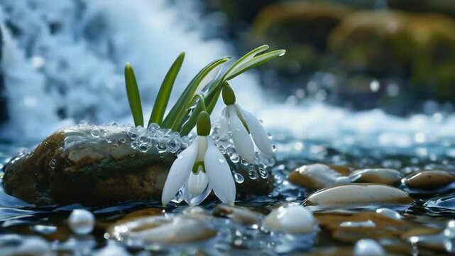 Close-up of a Snowdrop flower resting on the surface of a near waterfall &ndash; The snowdrop petals move gently with the water, surrounded by smooth stones and shimmering pearls
