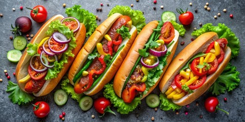 Gourmet Hot Dog with Colorful Veggies, Top View, Close Up, Food Photography, Hot Dog, Veggie, Food