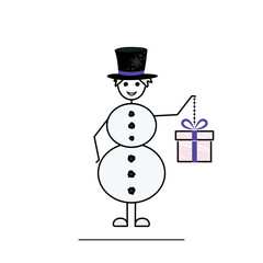 snowman costume, boy wearing Christmas costume with gift box, black hat and snow balls, flat vector illustration, sketch, doodle style, stickman