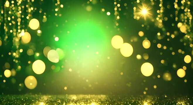 Christmas luxury abstract dark green background with golden blurred glitter lights and sparkles Festive backdrop with copy space for holiday birthday New Year St Patricks Day Motion animation 4K