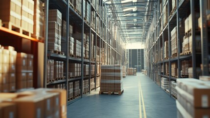 A cutting-edge distribution center packed with neatly stacked crates and pallets, symbolizing the efficiency of global logistics, photography style
