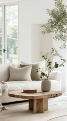 Fototapeta premium Bright Scandinavian Minimalist Living Room with Cozy White Sofa, Light Wood Accents, and Abundant Natural Light