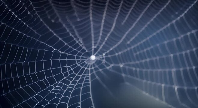 Creepy white spider web of wild spider with little spider in center and tiny drops of water shining in light on dark blue background Scary cobweb for Halloween