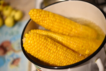 Cooking corn on the cob. A delicacy made of corn.