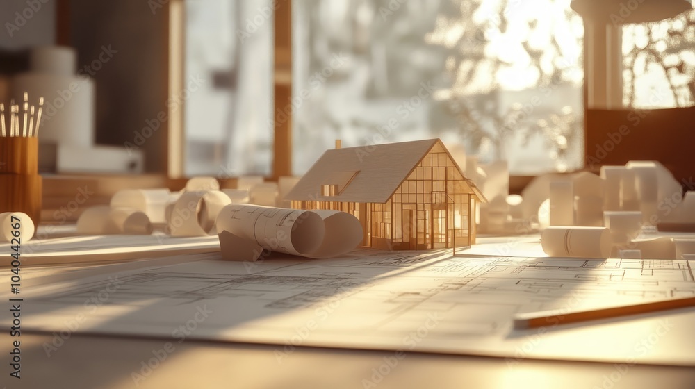 Poster architectural model of a house with rolled-up blueprints and pencil