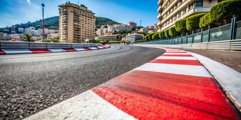Low Angle View of a Race Track Corner with Red and White Markings, Monaco, Grand Prix, Cityscape, Monaco, Grand Prix, Racing