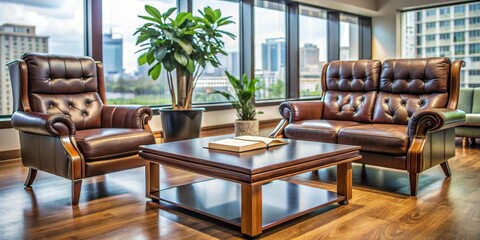 Fototapeta premium Modern Office Lounge with Leather Chairs and a Coffee Table, modern, office, lounge