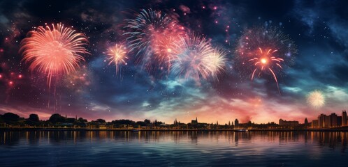 Vibrant Silvester fireworks bursting above a tranquil sea and small city