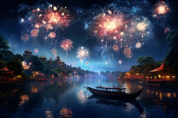 Spectacular fireworks illuminating the sea and sky of a little coastal town on New Year's Eve