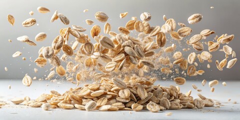 Oatmeal Explosion A Pile of Rolled Oats with Flying Grains, Oat , Cereal , Nutrition