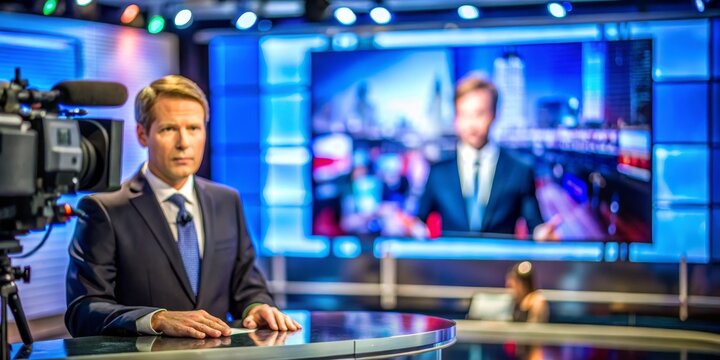 News Anchor in Studio, Camera Focus, Blue Lights, TV, Broadcast, Studio, News