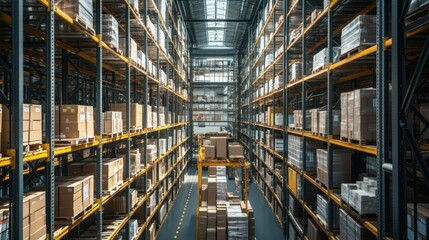 A cutting-edge distribution facility brimming with crates and packages, symbolizing the efficiency of global supply chains, photography style