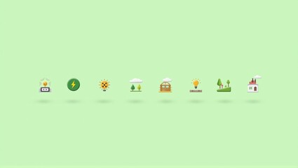 Generative, AI, Minimalistic icons representing energy, weather, home, nature on a green background; vibrant and modern.

