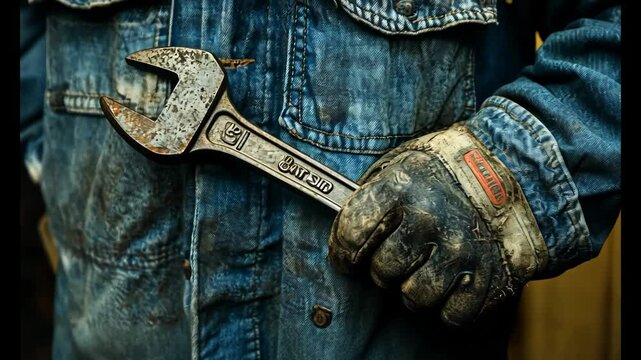 Close-up of worker holding rusty wrench