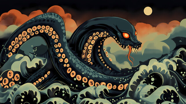 The kraken poster card cryptid illustration. giant mythical sea monster creature art. Kraken in the Deep. Illustration