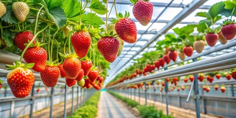 Ripe Strawberries Hanging in a Greenhouse, Close-up, Green Leaves, Metal Framework, Fruit Growing, Strawberry Farm, Greenhouse Farming