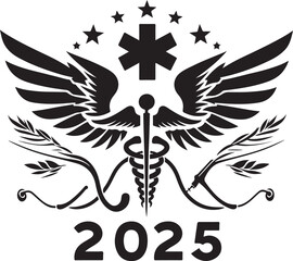 Happy New Year 2025 Medical Logo with Wings Silhouette Vector Design.