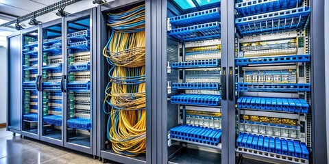 Server Room with Blue and Yellow Cables, Server rack, network, wiring, data center