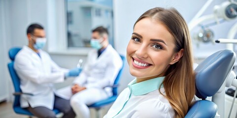 Fototapeta premium Smiling Woman in a Dentist's Chair, Portrait, Close-up, Dental Care, Dentist, Smile