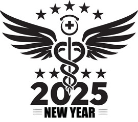 Happy New Year 2025 Medical Logo with Wings Silhouette Vector Design.