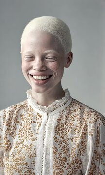 A woman with white hair and a shaved head is smiling and wearing a white shirt with a pattern