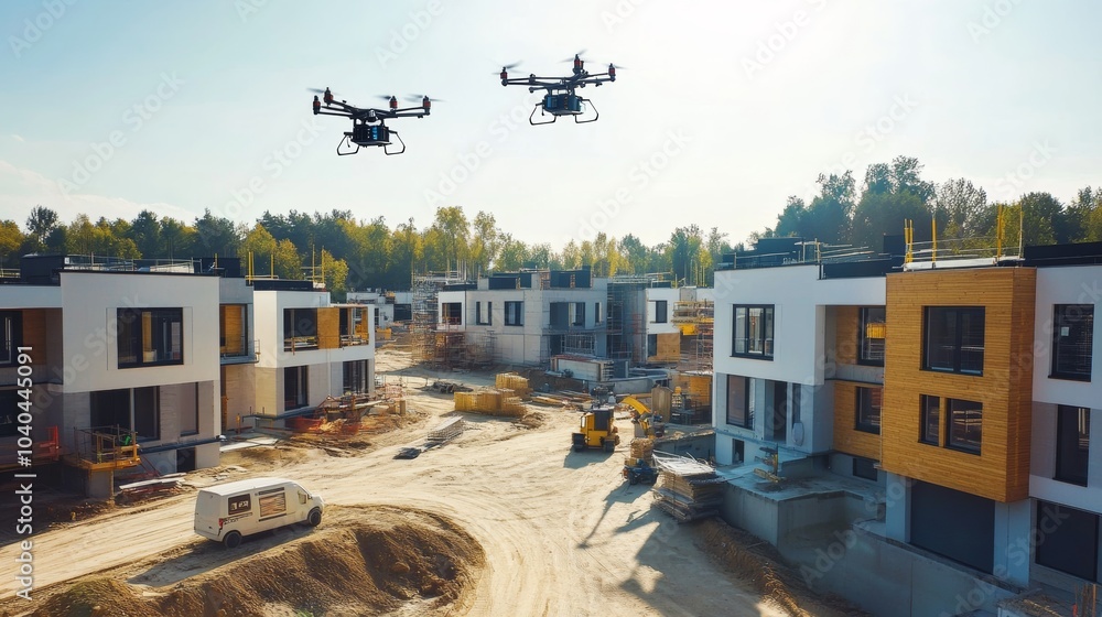 Aufkleber Robotic construction drones assembling modular housing units in a suburban development, residential construction site with automated building systems, Sustainable Development style