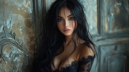 Fototapeta premium Beautiful girl with long black hair poses in a studio photo shoot.